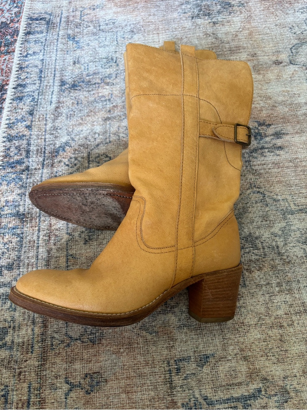 Women’s Mid-Calf Buckle Boots in Tan. Vero Cuoio. Leather, Made in Italy.